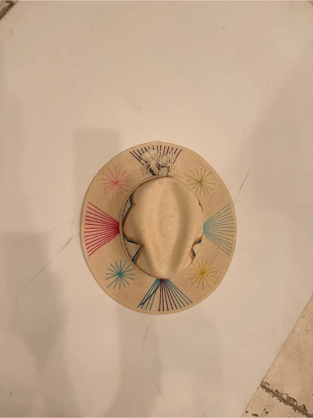 Embroidered Cream Straw Sun Hat with Multicolor Accents